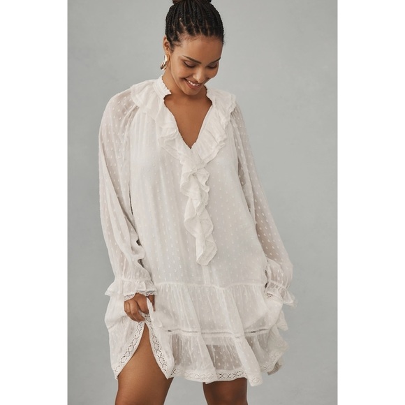 ANTHROPOLOGIE Long Sleeve V-Neck Ruffled Tunic Dress White Size XS NWT - Picture 10 of 10